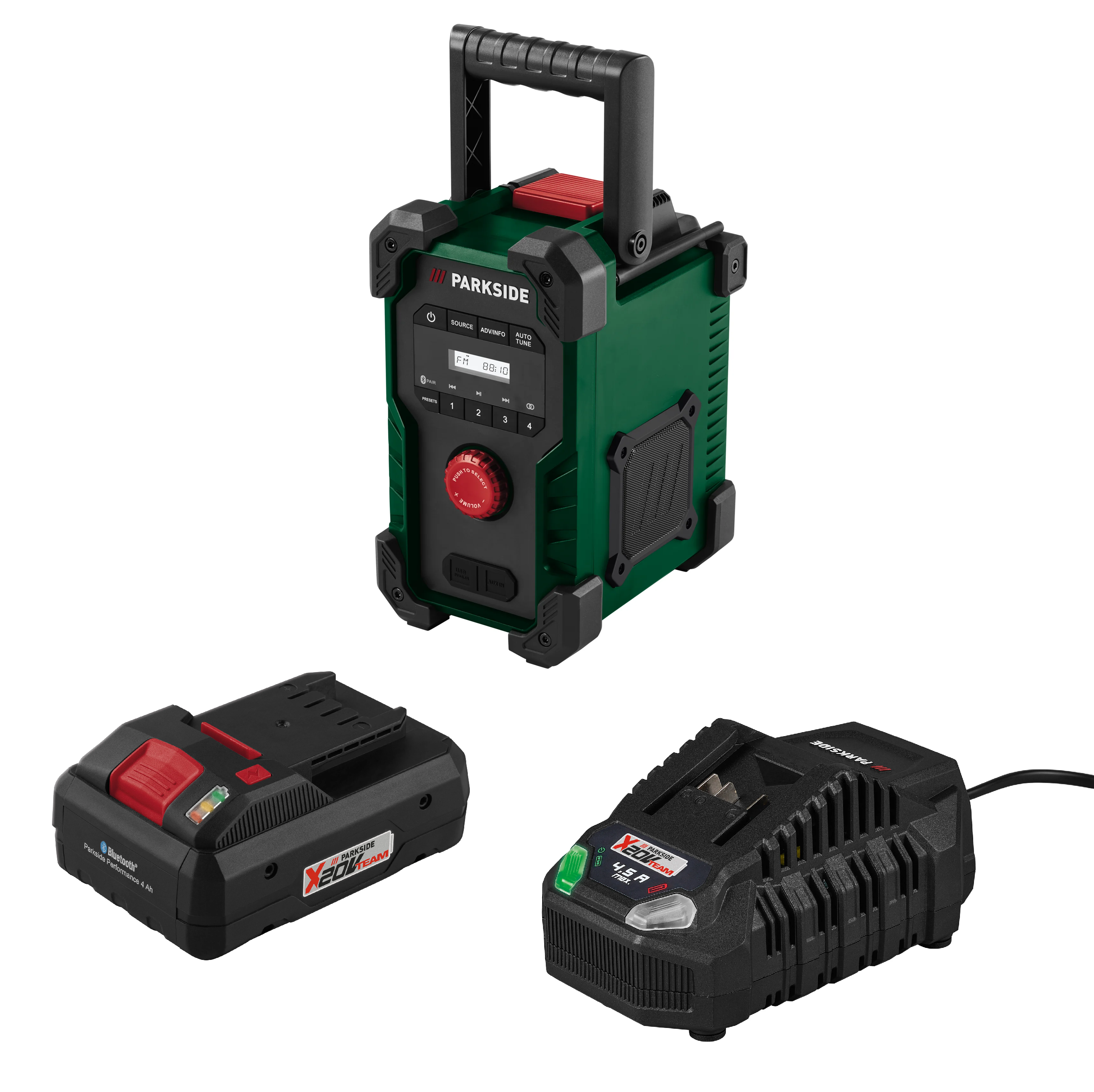 PARKSIDE® Aku stavebné rádio 20 V/12 V PBR F10 A1 + Smart akumulátor 20 V/4 Ah + Rýchlonabíjačka akumulátora 20 V/4,5 A
