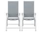 Dve sivé skladacie záhradné stoličky s bielymi rámami.