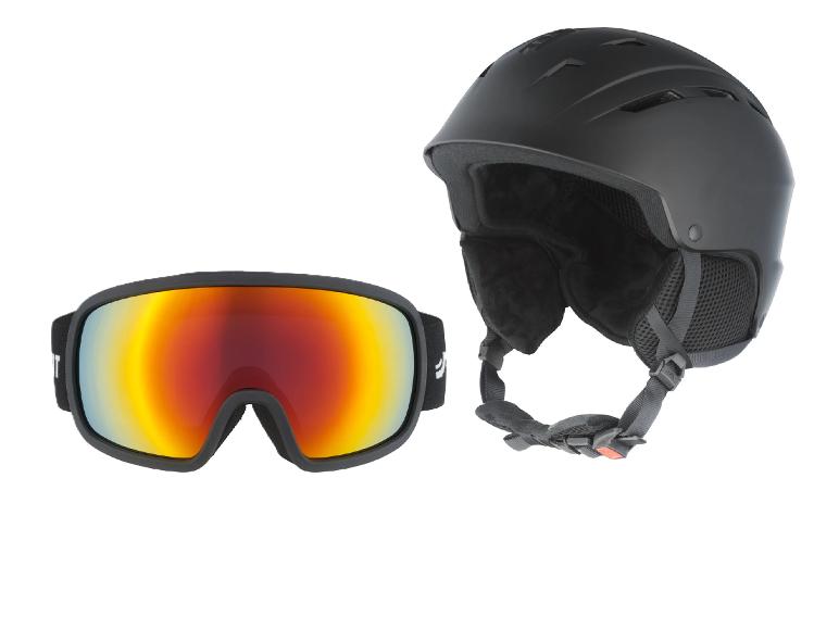 Čierna lyžiarska prilba a lyžiarske okuliare s červeno-žltým zrkadlovým sklom.