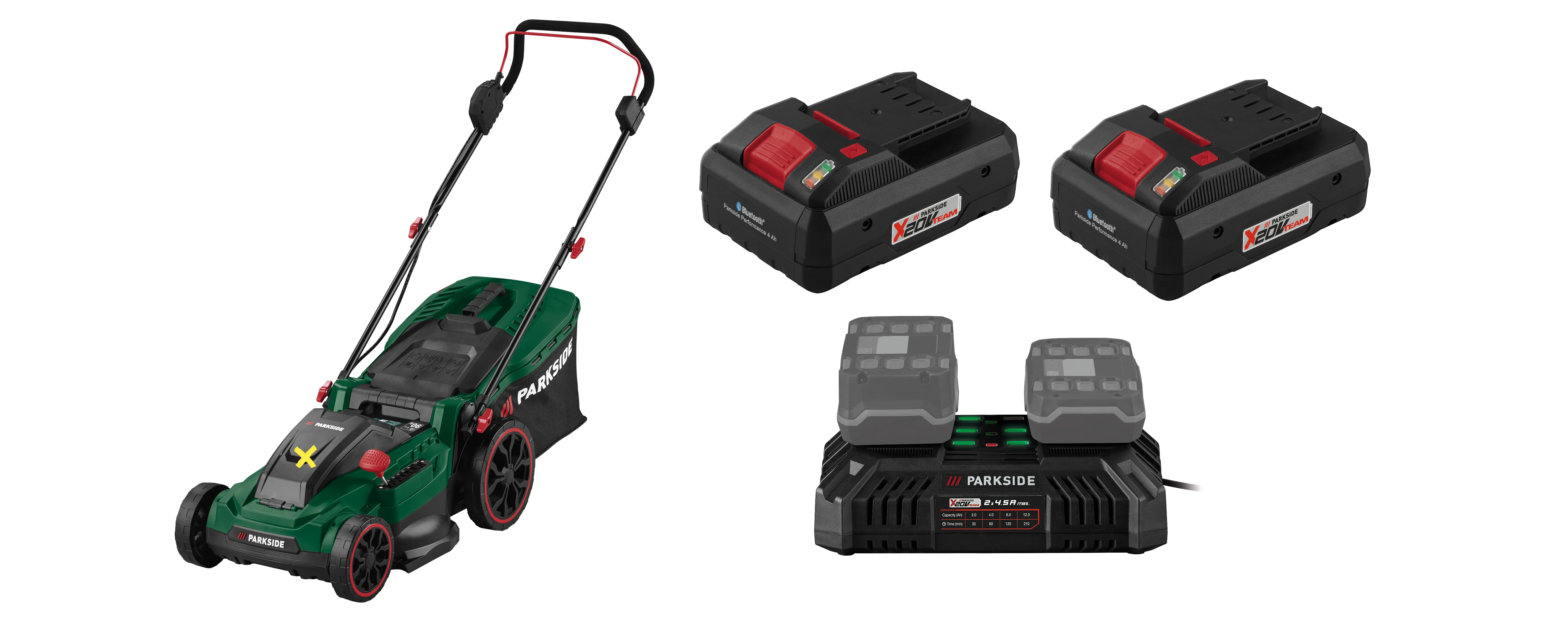 PARKSIDE® Aku kosačka na trávu 40 V PARM 41 A1 + Smart akumulátor 20 V/4 Ah PAPS 204 B1, 2 kusy + Dvojitá nabíjačka 20 V/4,5 A
