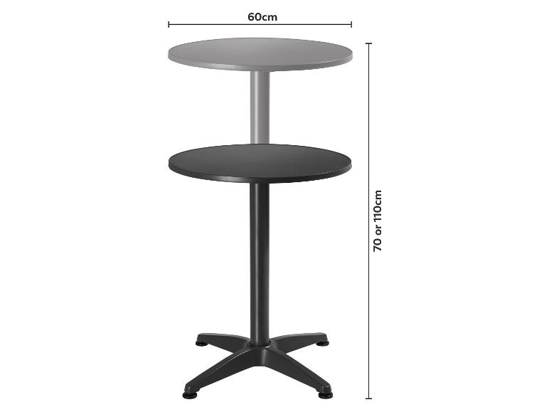 Výškovo nastaviteľný barový stôl s doskou s priemerom 60 cm, výška 70 alebo 110 cm.