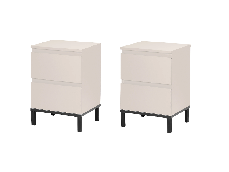 Dve béžové komody s dvoma zásuvkami a čiernymi nohami