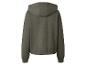 Olivovo zelená mikina s kapucňou, rebrovanými manžetami a lemom.