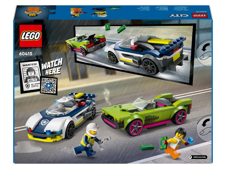 Súprava LEGO City 60415 s policajným autom, zeleným športovým autom a minifigúrkami.