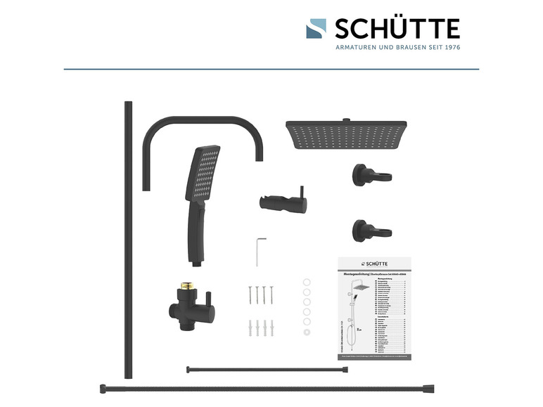 Čierna sprchová súprava Schütte s dažďovou sprchou, ručnou sprchou a príslušenstvom.