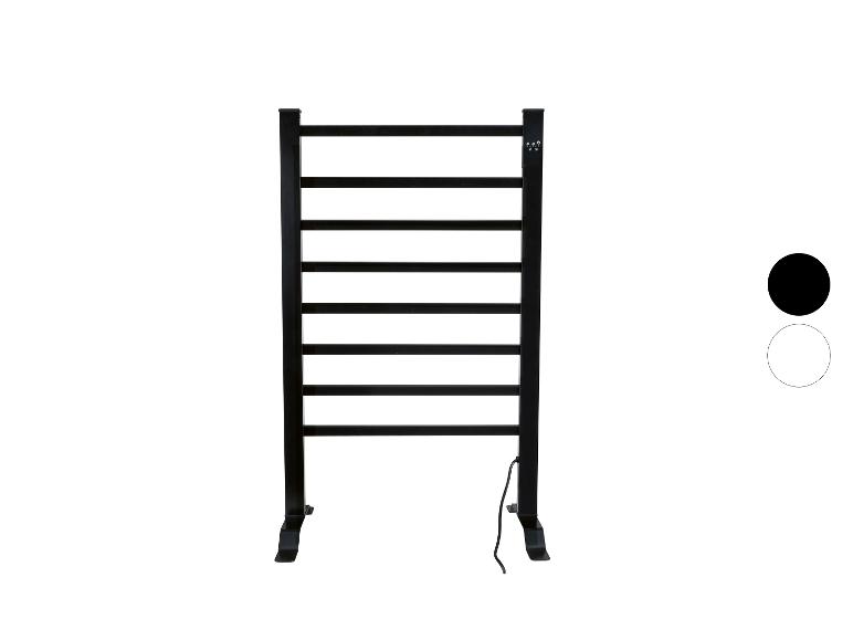 Čierny voľne stojaci elektrický sušiak na uteráky s ôsmimi tyčami a digitálnym ovládaním.