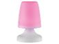 Malá ružová stolová lampa s bielou základňou.