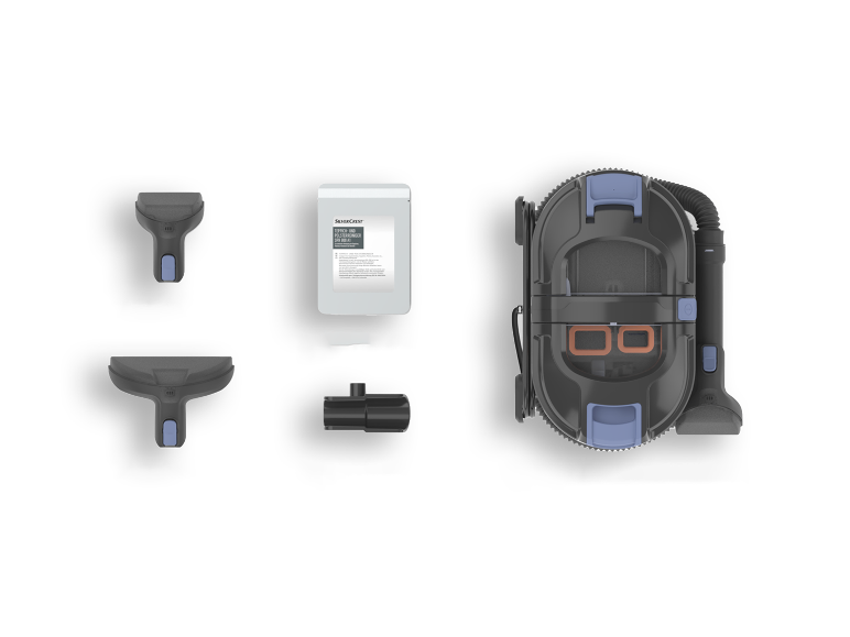 Vysávač SilverCrest s príslušenstvom a čistiacim prostriedkom.