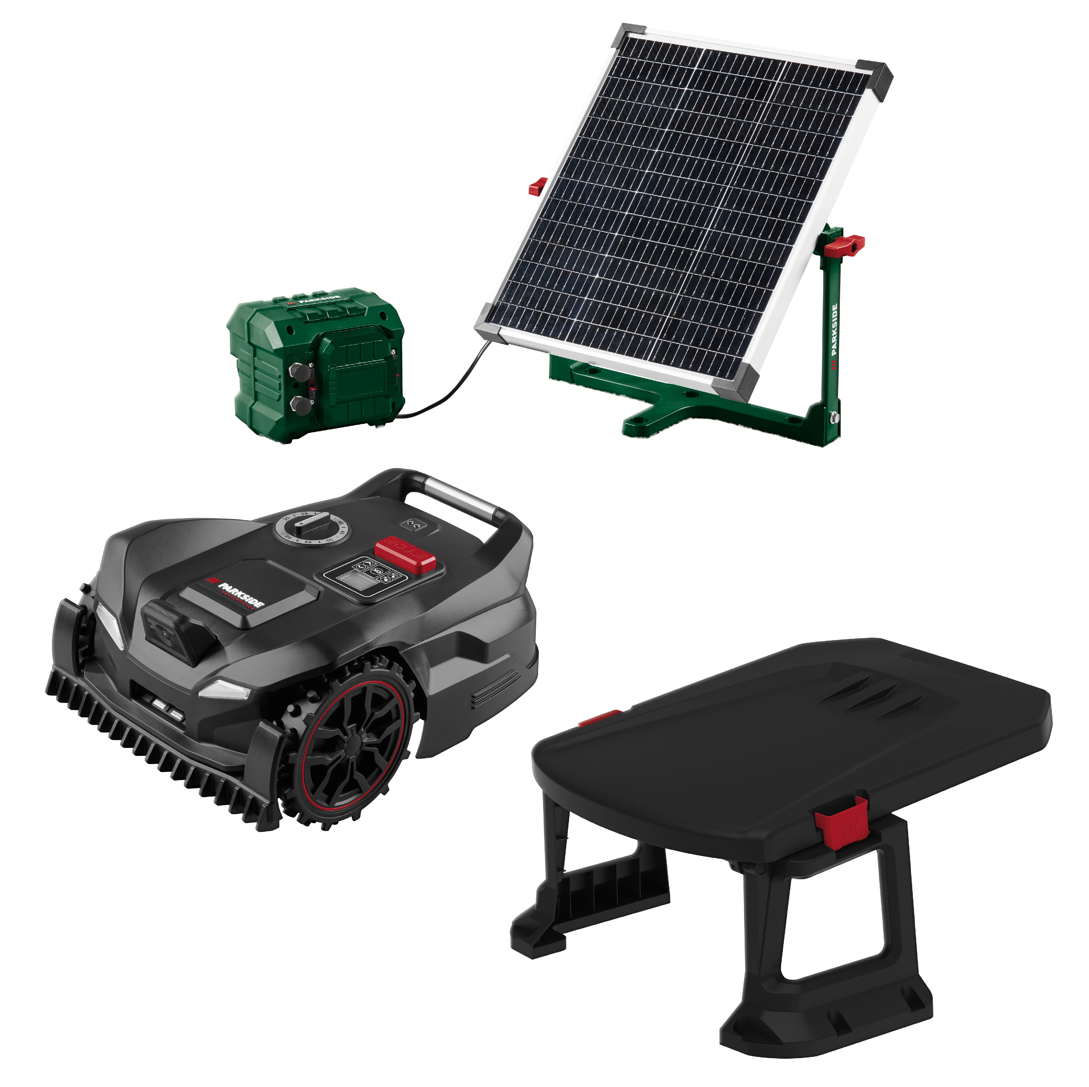PARKSIDE® Robotická kosačka Smart & Free + Aku solárna nabíjacia stanica pre robotickú kosačku + Garáž pre robotickú kosačku