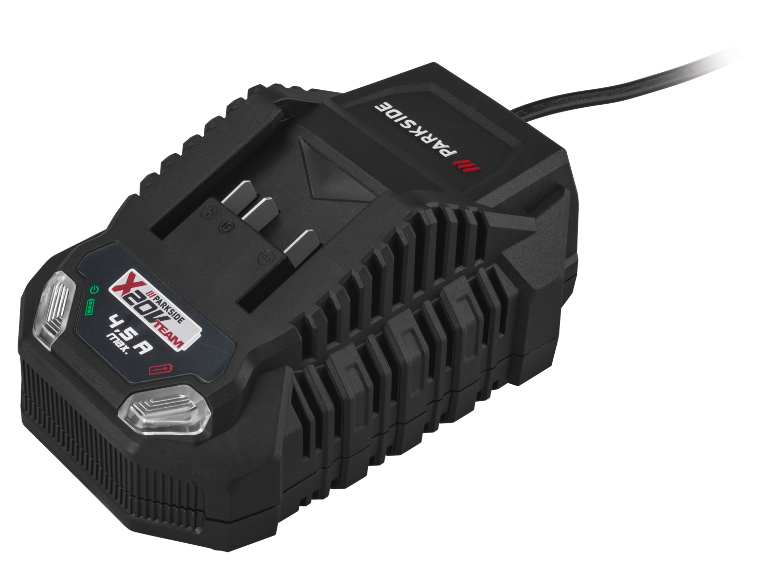Čierna nabíjačka batérií s maximálnym výstupom 4.5 A a kompatibilitou X20V Team.