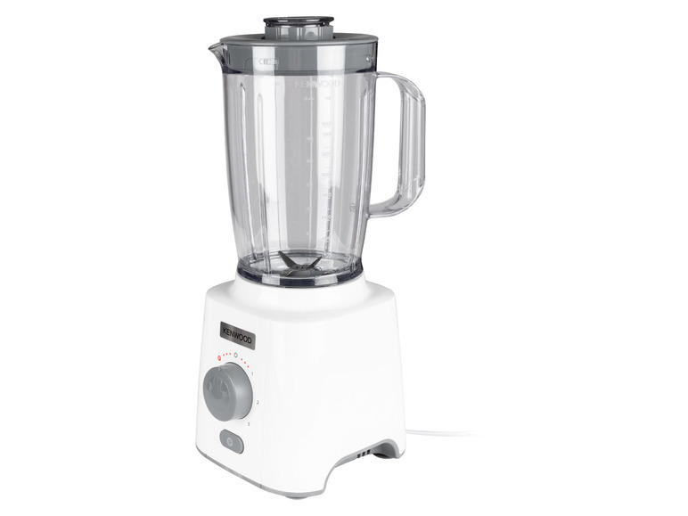 Biely mixér Kenwood s priehľadnou nádobou.