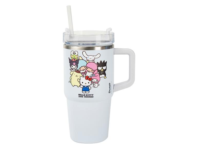 Biely termohrnček Hello Kitty and Friends s rúčkou a slamkou.