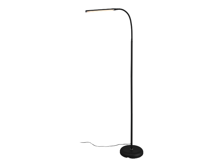 Čierna LED stojaca lampa s ohnutým ramenom.