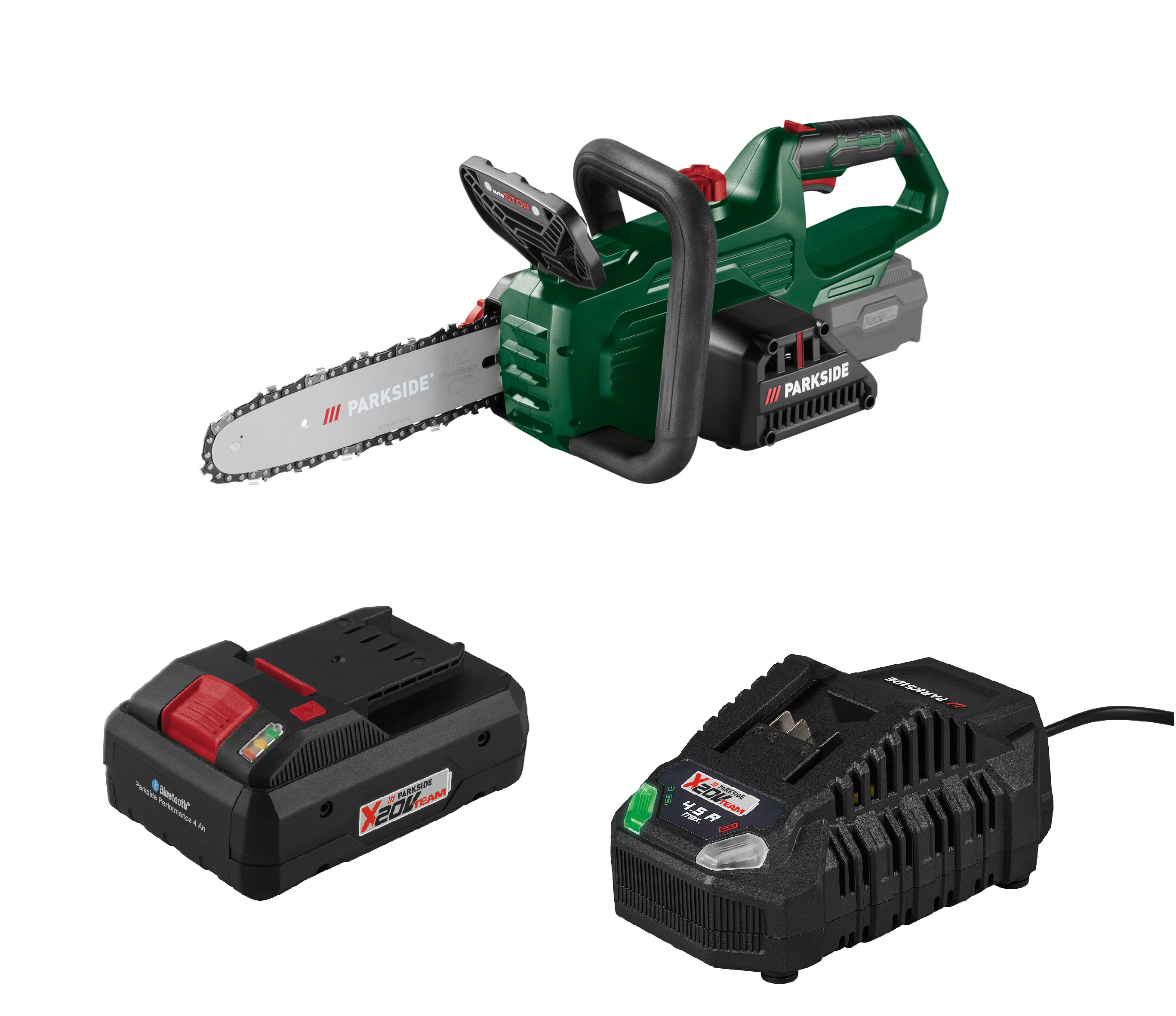 PARKSIDE® Aku reťazová píla 20 V PAKS F5 + Smart akumulátor 20 V/4 Ah + Rýchlonabíjačka akumulátora 20 V/4,5 A