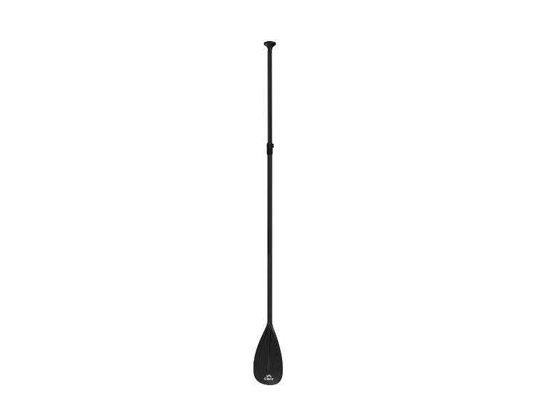 Čierne nastaviteľné pádlo na paddleboard s T-rukoväťou a rebrovanou čepeľou.
