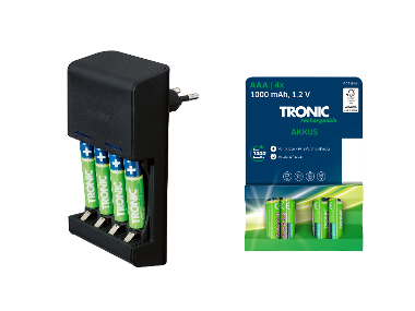 TRONIC® Nabíjačka batérií AA/AAA + Ni-MH nabíjateľné batérie AAA, 4 kusy