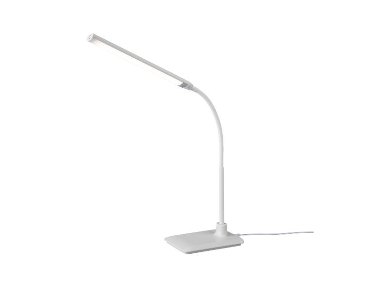 Biela LED stolná lampa s flexibilným ramenom a obdĺžnikovou základňou