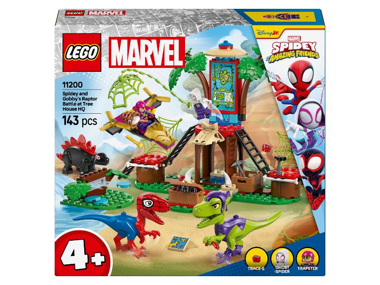 Súprava LEGO Marvel Spidey a jeho úžasní priatelia s domčekom na strome, dinosaurami a postavičkami.