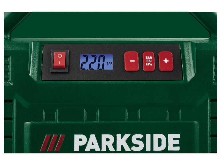 Kompresor Parkside s digitálnym displejom tlaku.