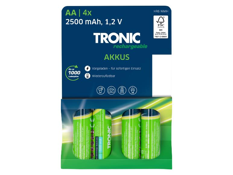 4x nabíjacie batérie AA Tronic, 2500 mAh.