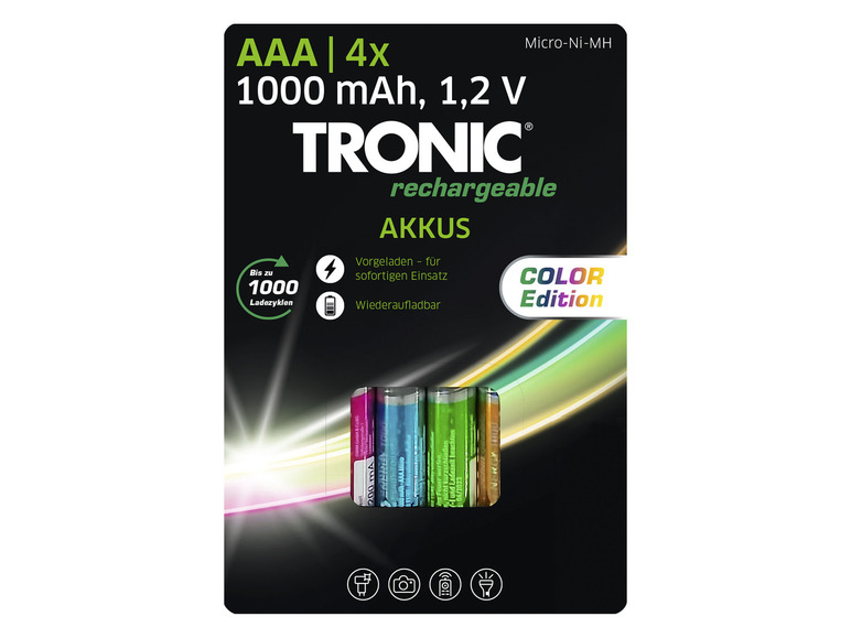 TRONIC Nabíjateľné batérie Ni-MH Ready 2 Use, 4 kusy Color (fialová, bledomodrá, zelená, oranžová, AAA)