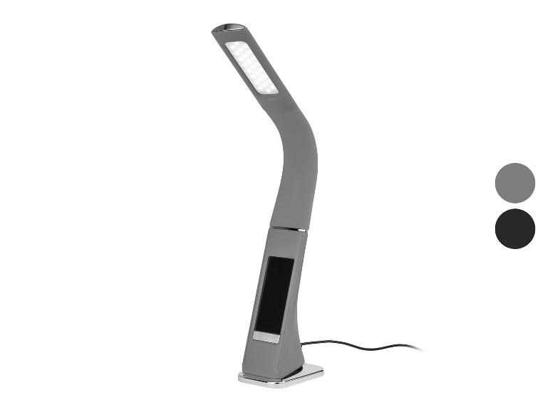 Sivá LED stolná lampa s chrómovou základňou a čiernymi detailmi