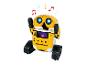 Žltý a biely robot s pásmi, svietiacimi modrými očami a hudobnými notami nad hlavou.