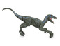 Hračka dinosaura, zelený a modrý raptor na kolieskach.