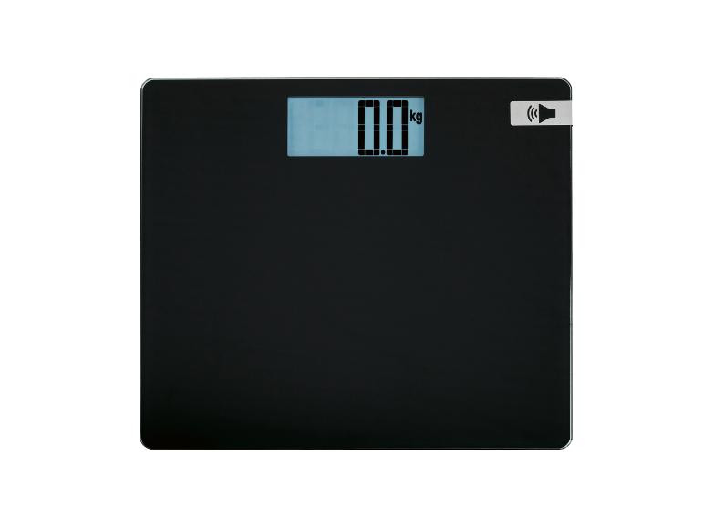 Čierna kúpeľňová váha s digitálnym displejom zobrazujúcim „0.0 kg“ a ikonou reproduktora.
