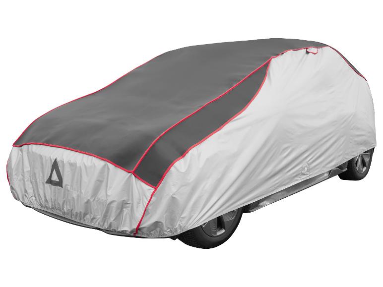 Dvojfarebná plachta na auto v sivej a striebornej farbe s červeným lemovaním, s reflexným trojuholníkom.