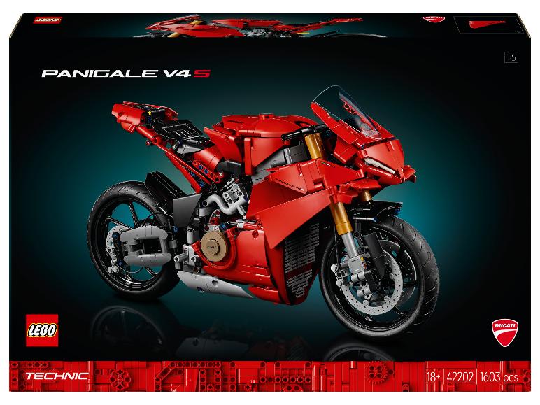 Model motocykla LEGO Technic Ducati Panigale V4 R v červenej farbe na čiernom pozadí.
