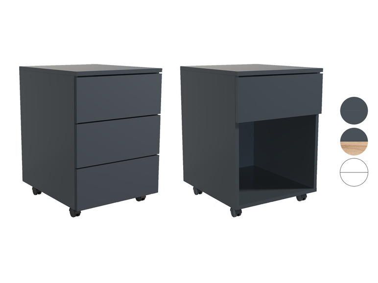 Dve šedé, rolovateľné skrine, jedna s tromi zásuvkami a jedna s jednou zásuvkou a otvoreným priestorom.