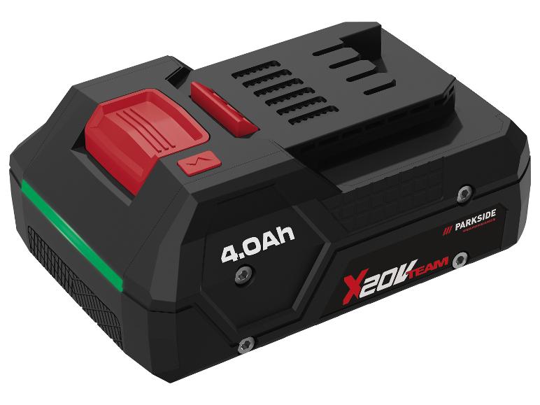 4.0Ah akumulátor pre elektrické náradie s červenými a zelenými detailmi, s nápisom „X 20V TEAM“.