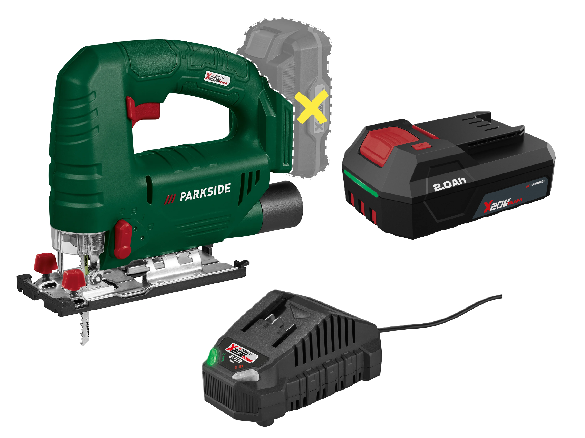 PARKSIDE® Aku priamočiara píla PSTA 20-Li A1 + Akumulátor 20 V/2 Ah + Nabíjačka 20 V/2,4 A+