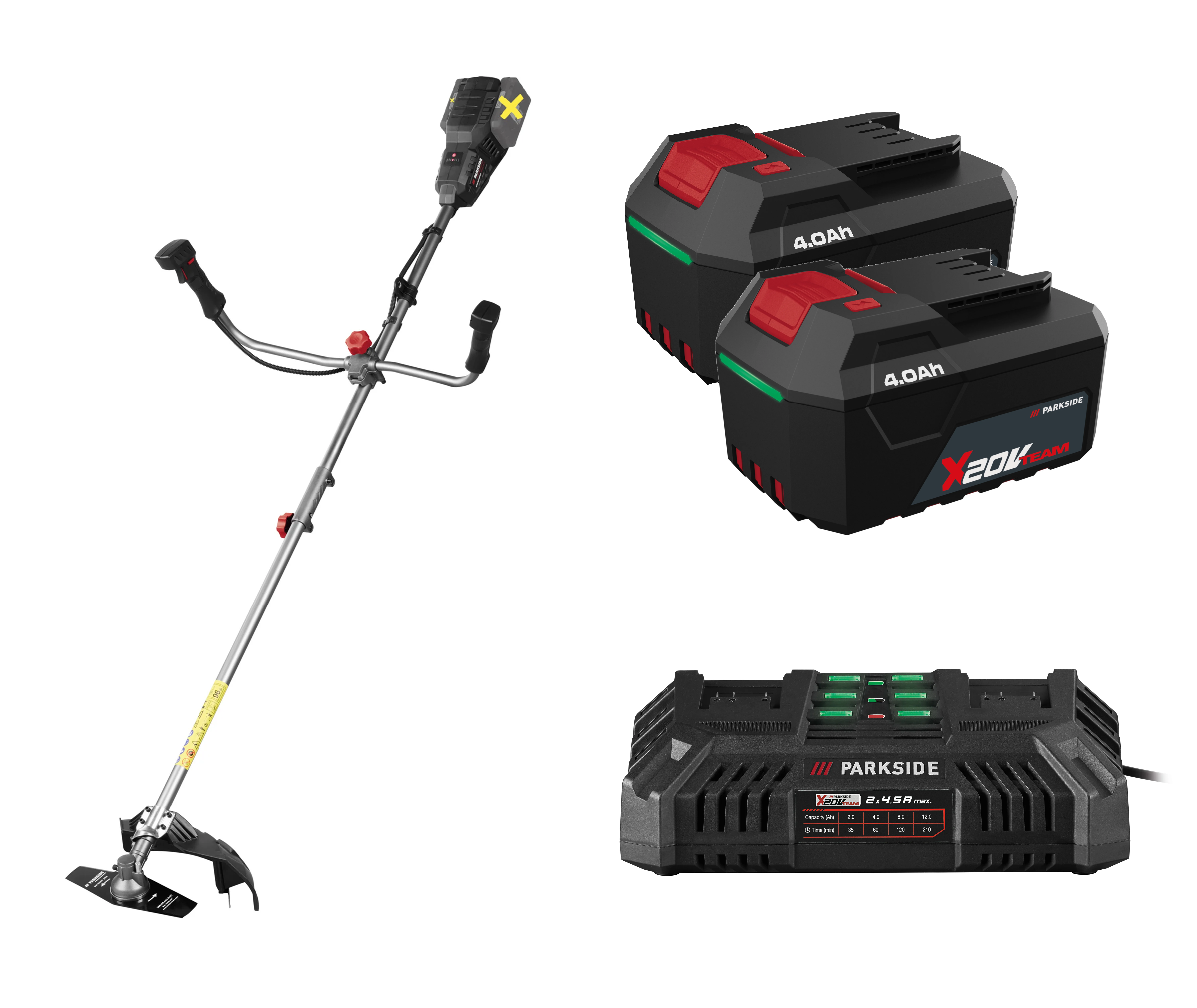 E-shop PARKSIDE PERFORMANCE® Aku krovinorez 2 v 1 40 V PPAFS 40-Li A1 + Akumulátor 20 V/4 Ah, 2 kusy + Dvojitá nabíjačka na akumulátor 20 V/4,5 A