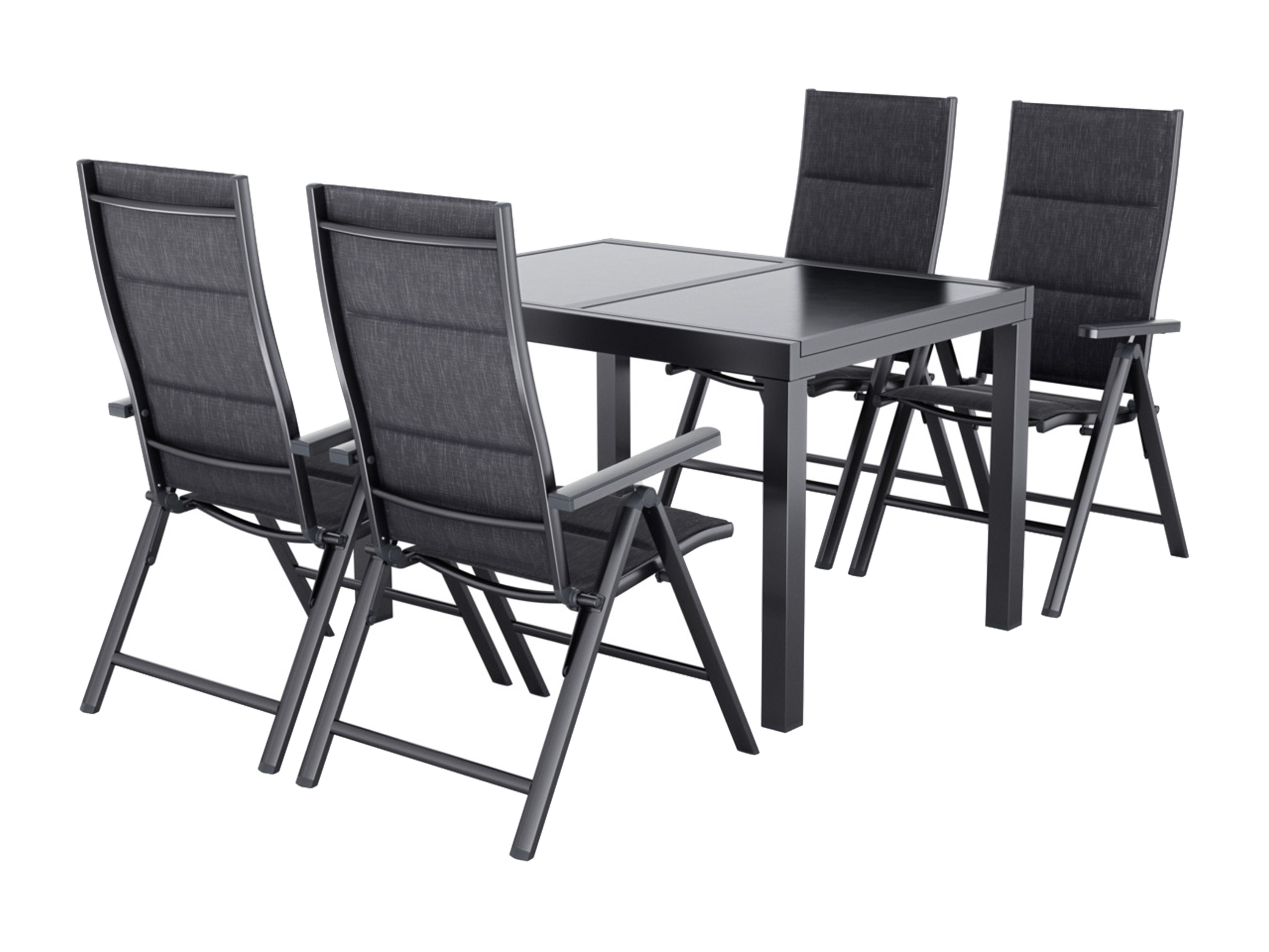 E-shop LIVARNO home Hliníkový rozkladací záhradný stôl Houston/Toronto + Záhradné hliníkové kreslo Toronto, 4 kusy, antracitové