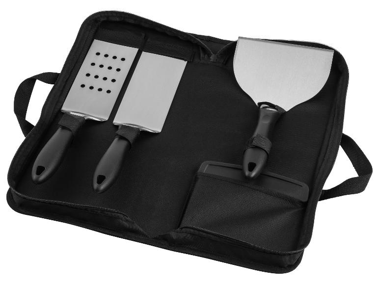 Sada na pizzu: špachtle a lopatka z nehrdzavejúcej ocele v čiernom puzdre.