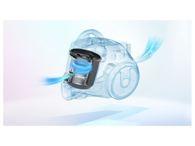 Schéma vysávača s dôrazom na filter a prúd vzduchu.