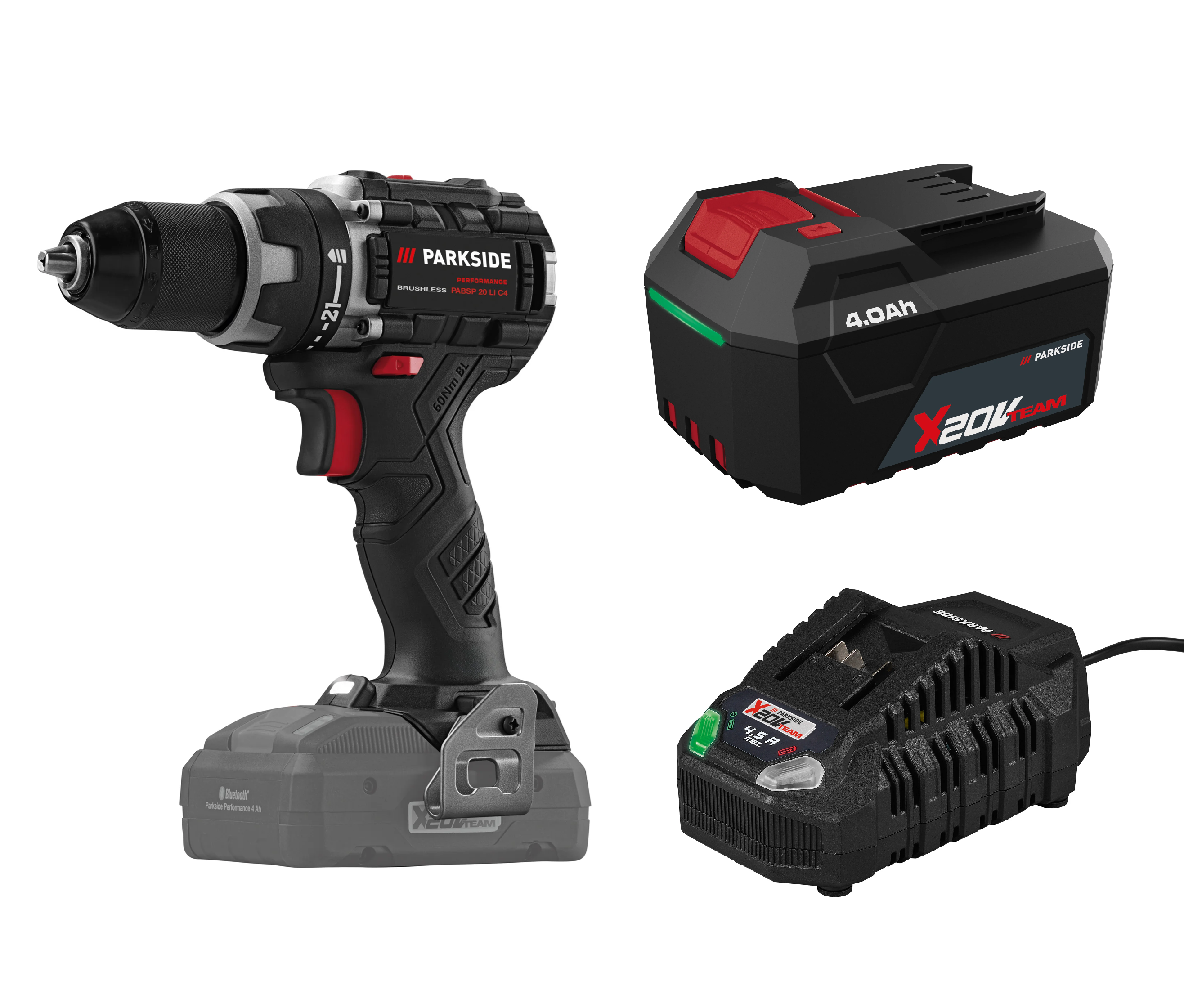 PARKSIDE® Aku vŕtací skrutkovač 20 V PABSP 20 Li C4 + Rýchlonabíjačka akumulátora 20 V/4,5 A + Akumulátor 20 V/4 Ah