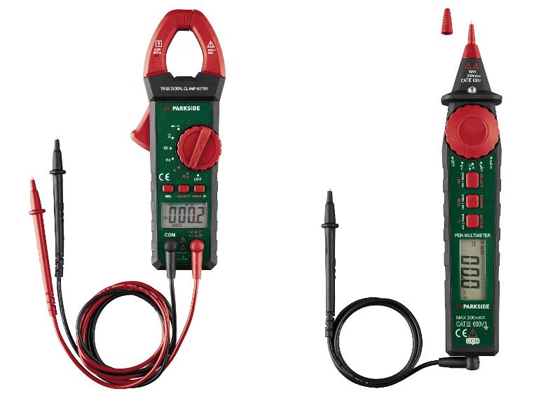 Digitálny kliešťový merač PARKSIDE a ceruzkový multimeter s testovacími káblami.