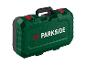 Zelený kufor na náradie PARKISDE s čiernymi a červenými rúčkami a uzávermi