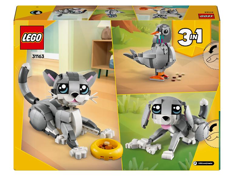 LEGO Creator 3 v 1 krabica s modelmi mačky, holuba a psa.