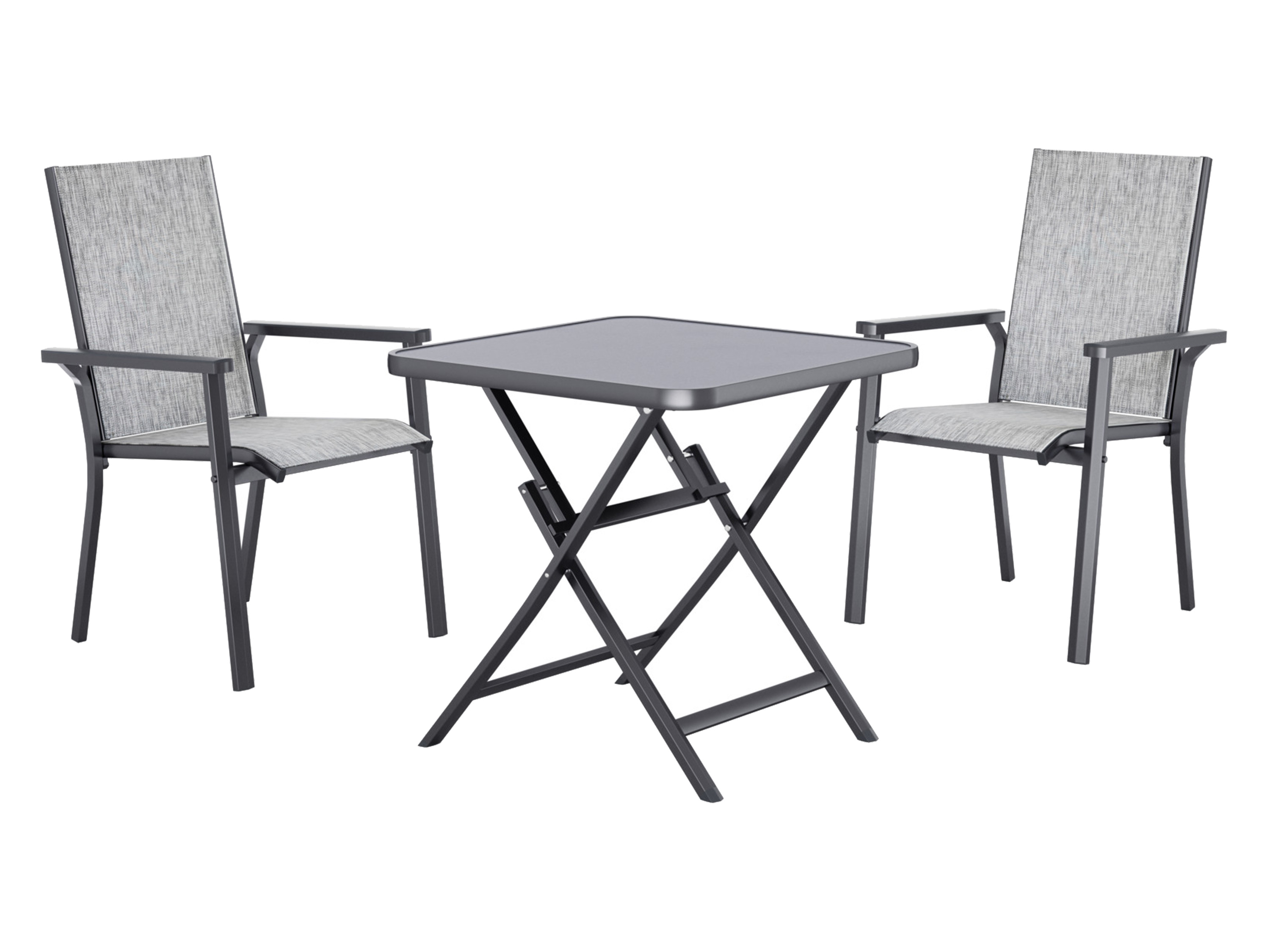 E-shop LIVARNO® Hliníkový skladací stôl Houston/Toronto, 70 x 70 x 70 cm + Hliníkové stohovateľné kreslo Houston, svetlosivé, 2 kusy
