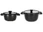 Dva čierne hrnce s pokrievkami, jeden menší a širší, druhý väčší a užší.