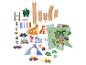 Drevená vláčiková dráha a puzzle s dinosaurami, vozidlami a kreslenými postavičkami.