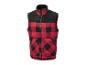 Červeno-čierna károvaná vesta so zipsom, vysokým golierom a vreckami.
