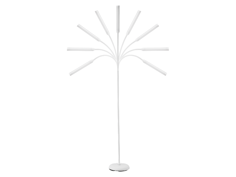 Biela stojacia lampa s viacerými nastaviteľnými ramenami.