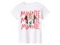 Biele tričko s potlačou tváre Minnie Mouse a opakovaným červeným nápisom „MINNIE“.