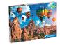 Puzzle s 1000 dielikmi zobrazujúce teplovzdušné balóny nad skalnými útvarmi, s textom „compact box Eco Friendly“.