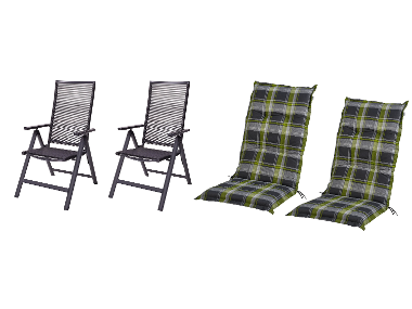 LIVARNO home Záhradné kreslo Miami, 2 kusy + Podložka na kreslo s vysokým operadlom Valencia/Miami, káro/zelená, 2 kusy